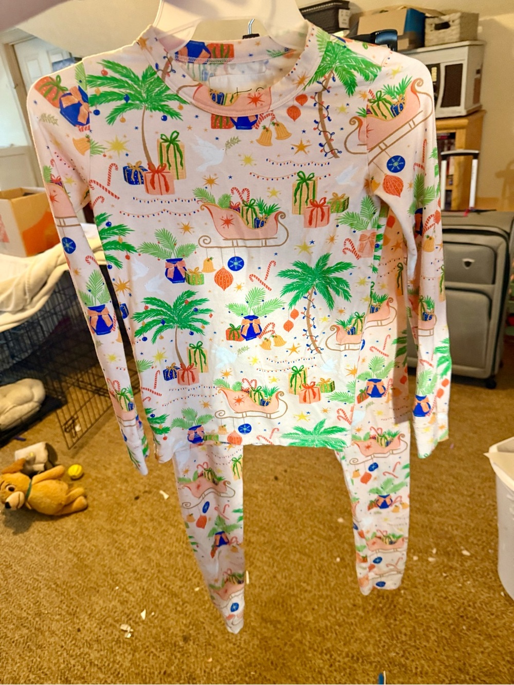 Kids Holiday Palm Tree Pajama Set in White & Green